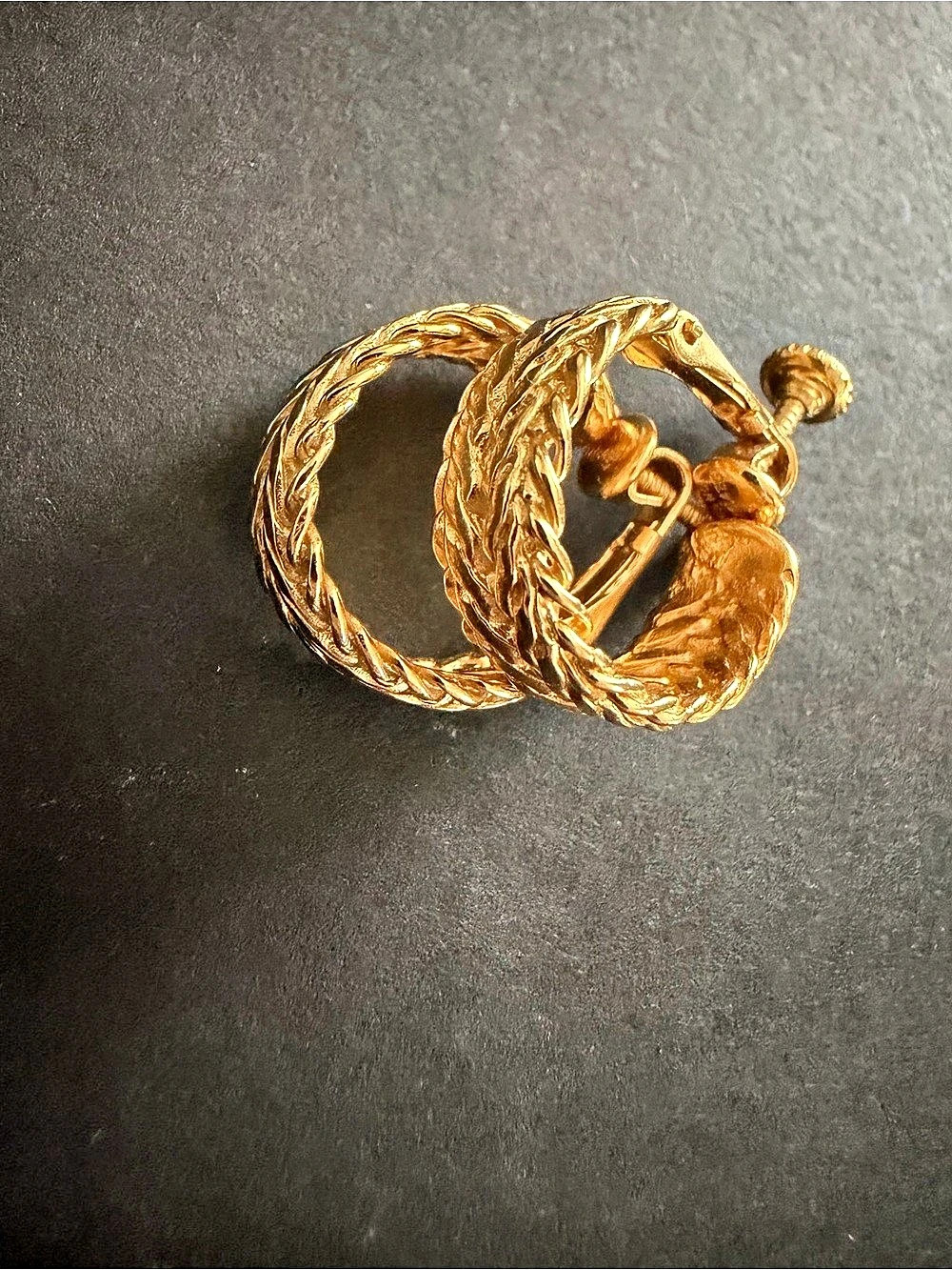Vintage Gold Tone Braided Hoop Clip On Earrings Screw Back Textured Retro